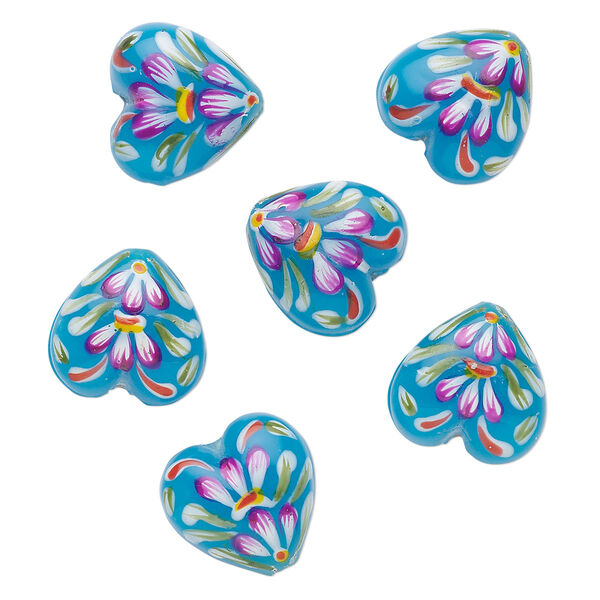 Bead, glass, turquoise blue, 18x11mm heart, hand painted. Sold per pkg of 6. image number 0