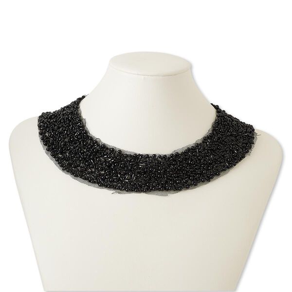 Necklace, collar, polyester / glass / plastic / steel, black, 2 inches wide, 16 inches with hook-and-eye clasp. Sold individually. image number 0