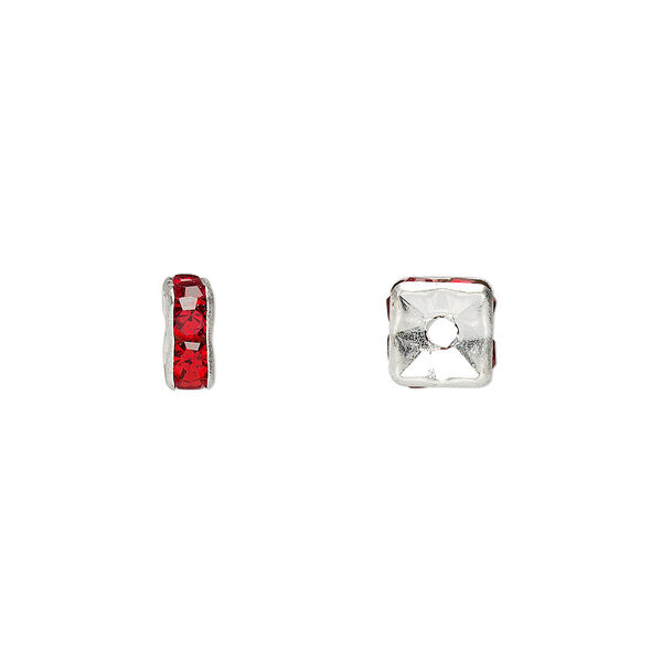 Bead, glass rhinestone and silver-plated brass, red, 6x3mm squaredelle. Sold per pkg of 10. image number 0