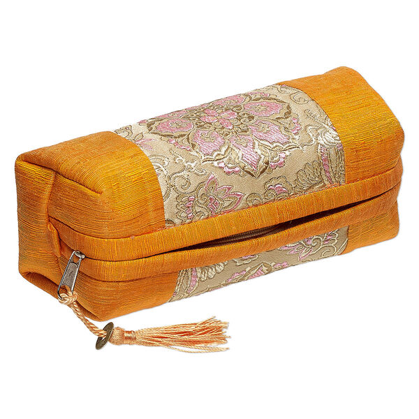Pouch, polyester / nylon / brass-finished "pewter" (zinc-based alloy), orange / tan / multicolored, 7 x 3 x 3-inch rectangle with flower design / coin replica / tassel, zipper closure. Sold individually. image number 0
