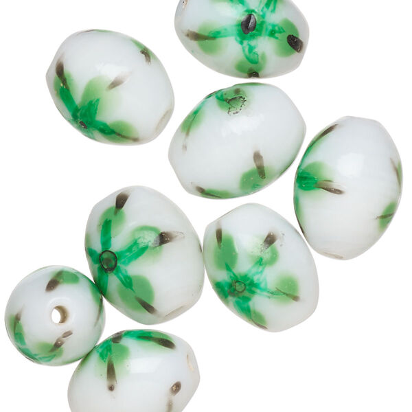 Bead, lampworked glass, opaque white / black / teal green, 14x11mm-13x10mm oval with painted flower design. Sold per pkg of 8. image number 0