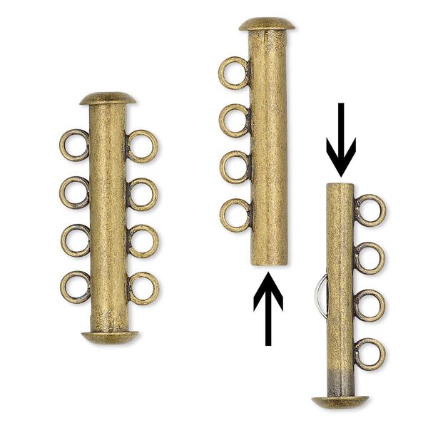 Clasp, 4-strand slide lock, antique gold-plated brass, 26x6mm tube. Sold per pkg of 4. image number 0