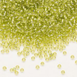 Seed bead, Miyuki, glass, pkg/25g, #11 rocaille, transparent silver-lined chartreuse (RR-14).