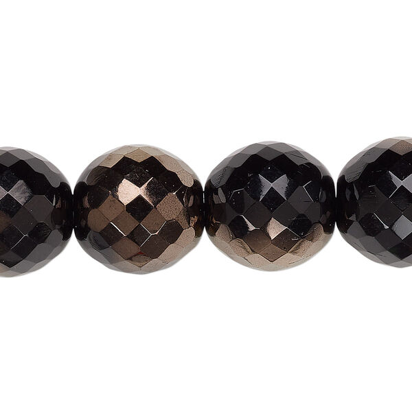 Bead, Czech fire-polished glass, opaque jet and copper, 14mm faceted round. Sold per 15-1/2" to 16" strand. image number 0