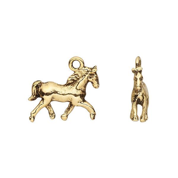 Charm, pewter (tin-based alloy), pkg/1, antique gold plate, 17.5x16.5mm double-sided horse. image number 0