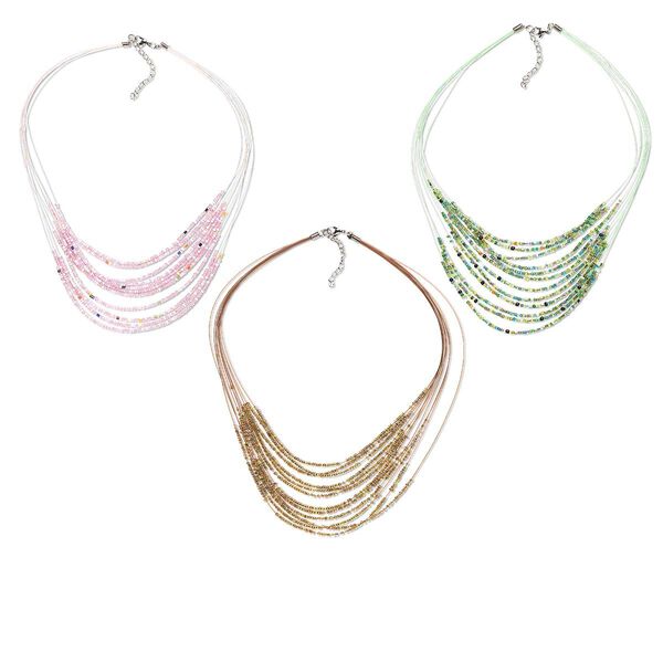 Necklace mix, multi-strand, glass and silver-finished steel. pastel mix, 16 inches with 2-1/2 inch extender chain. Sold per pkg of 3. image number 0