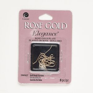 Ear wire, rose gold-plated copper, 12mm with 2mm ball, 21 gauge. Sold per pkg of 4 pairs.