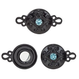 Clasp magnetic 1pkg2 "pewter" (zinc alloy), 12mm double-sided round, black-finished / aqua blue rhinestone 1-strand