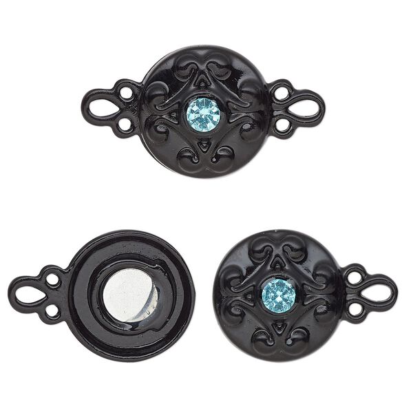 Clasp magnetic 1pkg2 "pewter" (zinc alloy), 12mm double-sided round, black-finished / aqua blue rhinestone 1-strand image number 0