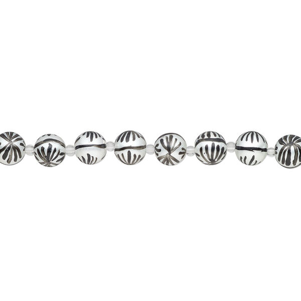 Bead, glass 1pkg8, opaque white and black, 14mm hand-painted round. image number 1