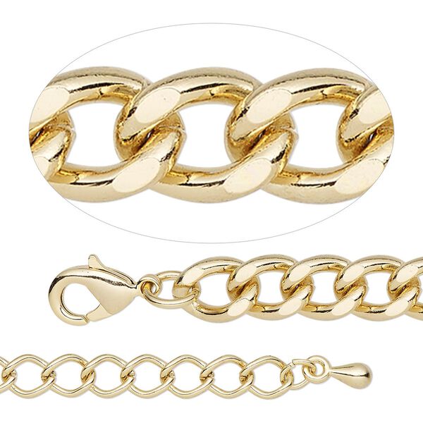 Chain, gold-finished steel and brass, 6.8mm curb, 7-1/2 inches with 2-inch extender chain and lobster claw clasp. Sold individually. image number 0