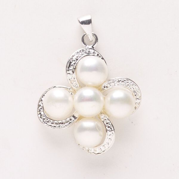 Pendant, silver-finished "pewter" (zinc-based alloy) / glass / glass pearl, white, 27x26mm glass pearl flower. Sold individually. image number 0