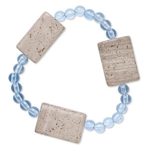 Bracelet, stretch, grey and cream marble (natural) and acrylic, blue, 5mm round and 25x18mm-26x18mm flat rectangle, 6-1/2 inches. Sold individually.