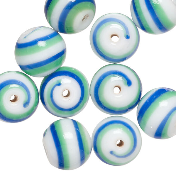 Bead, lampworked glass, opaque blue / green / white, 12mm round. Sold per pkg of 10. image number 0