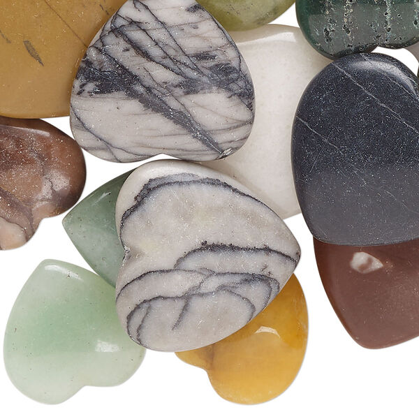 Bead and drop mix, multi-gemstone (natural / dyed / imitation), mixed colors, 11-25mm half- and center-drilled puffed heart. Sold per pkg of 25. image number 0