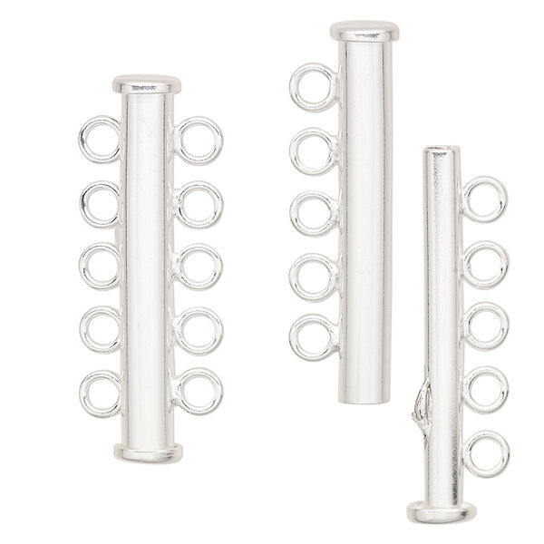 Clasp, 5-strand slide lock, sterling silver, 31x6mm tube. Sold individually. image number 0