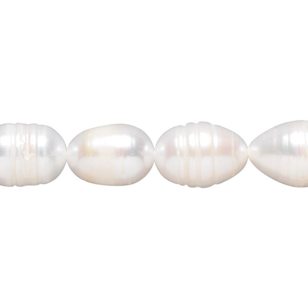 Pearl, cultured freshwater (bleached), white, 9-11mm rice, D- grade, Mohs hardness 2-1/2 to 4. Sold per 14-inch strand. image number 0