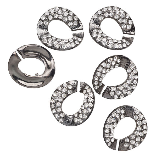 Clasp, interlocking, black-finished "pewter" (zinc-based alloy) and glass, clear, 25x24mm-26x25mm twisted C-shape. Sold per pkg of 3. image number 0