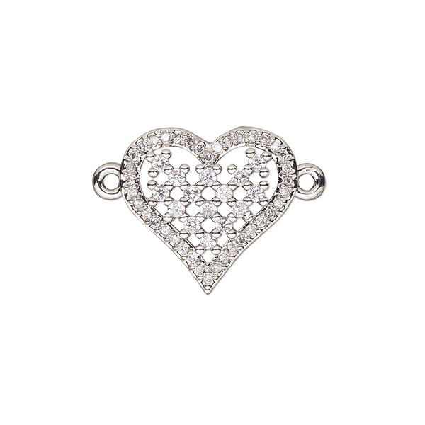 Link, cubic zirconia and silver-finished brass, clear, 15.5x15mm single-sided heart. Sold individually. image number 0