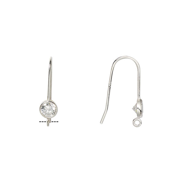 Ear wire, sterling silver and cubic zirconia, clear, 15mm fishhook with 4mm faceted round and open loop, 21 gauge. Sold per pair. image number 0