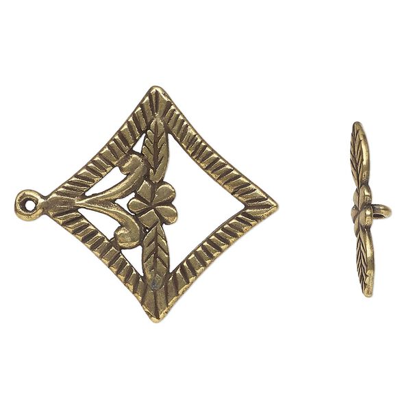 Clasp, toggle, antique brass-finished "pewter" (zinc-based alloy), 28mm textured diamond with flower. Sold individually. image number 0