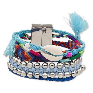 Bracelet, 5-strand, cowrie shell (natural) / nylon / polyurethane / silver-coated plastic / silver-finished "pewter" (zinc-based alloy), blue and multicolored, 37mm wide, 6-1/2 inches with magnetic locking clasp. Sold individually.
