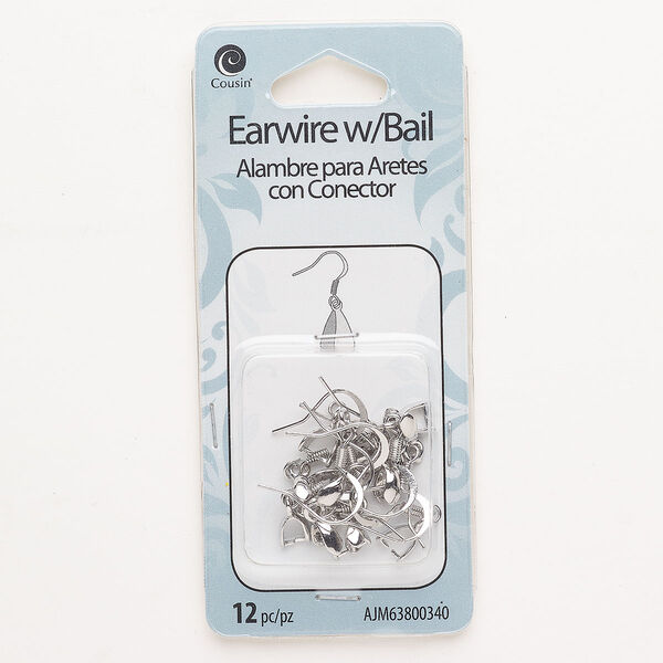 Ear wire, stainless steel, pkg/6 pairs, silver finish, 16mm fishhook with 5mm coil, 21 gauge. image number 0