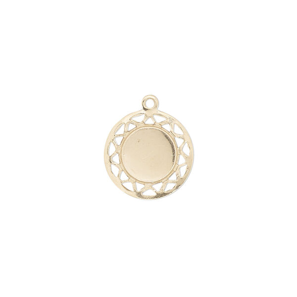 Drop, 14Kt gold-filled, 13mm single-sided round with patterned border and 8mm round setting. Sold individually. image number 0