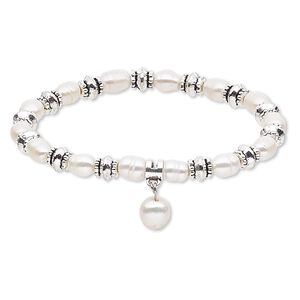 Bracelet, stretch, cultured freshwater pearl (bleached) with antique silver-plated steel and "pewter" (zinc-based alloy), white, 6mm wide with 10mm rice, 7 inches. Sold individually.