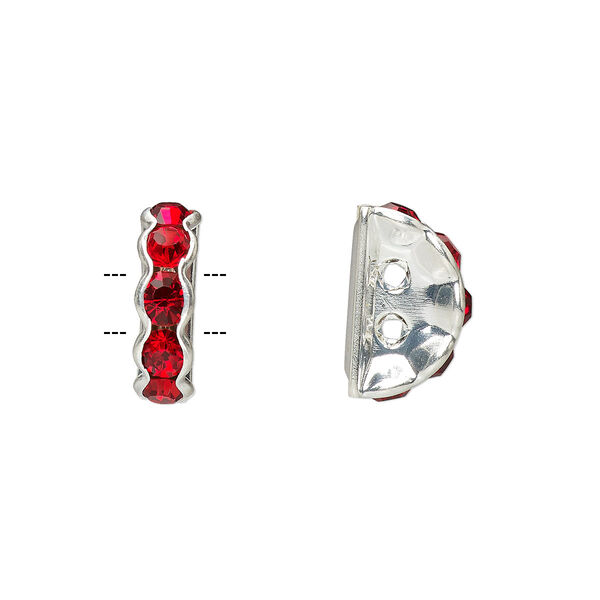 Spacer, glass rhinestone and silver-plated brass, red, 12x4mm 2-strand half-round bridge, fits up to 3.5mm bead. Sold per pkg of 10. image number 0
