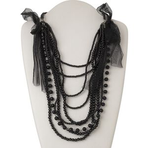 Necklace, mesh ribbon / acrylic / silver-finished steel, black, round, 26-inch continuous loop. Sold individually.