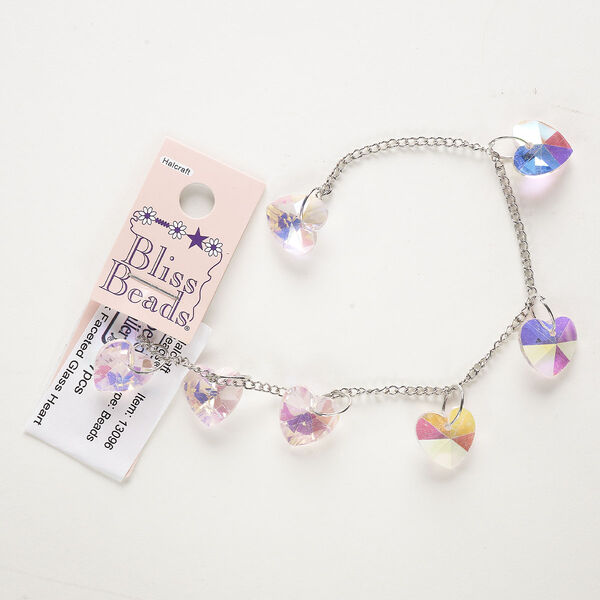 Chain, silver-finished steel and glass, pink AB, 2.4mm curb, 8 inches with (7) 14mm hearts. Sold individually. image number 0