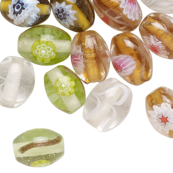 Bead mix, glass, translucent mixed colors, 12x10mm oval with flower design. Sold per 2-ounce pkg, approximately 32 beads. image number 0