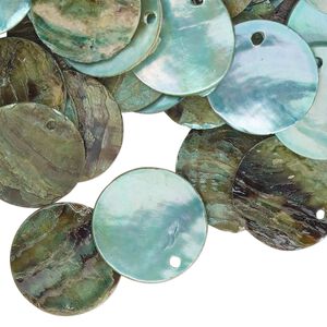 Drop, mussel shell (dyed / coated), blue, 15mm flat round. Sold per pkg of 100.