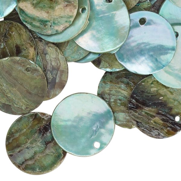 Drop, mussel shell (dyed / coated), blue, 15mm flat round. Sold per pkg of 100. image number 0