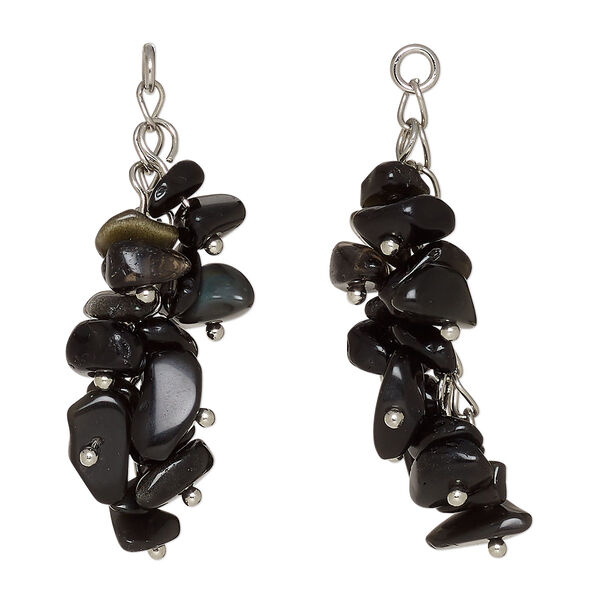Focal, black obsidian (natural) and silver-finished steel, 48x14mm cluster with 5mm open jump ring, Mohs hardness 5 to 5-1/2. Sold per pkg of 2. image number 0