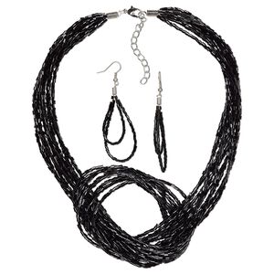 Necklace and earring set, Everyday Jewelry,  imitation rhodium-plated-steel and glass, black, 16-inches with 2-inch extender chain, 3-inch earrings with fishhook ear wires, 19 gauge. Sold per set.