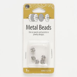 Bead, antique silver finished "pewter" (zinc-based alloy) and glass, clear, 5mm round. Sold per pkg of 5.