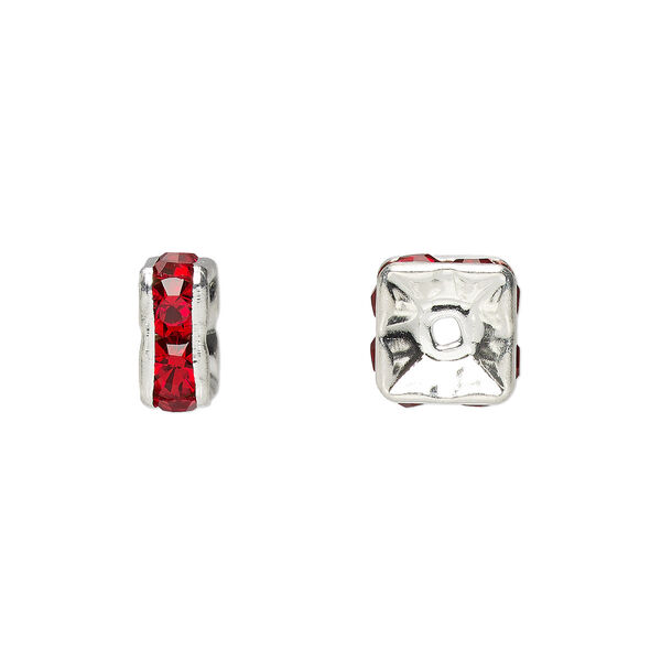 Bead, glass rhinestone and silver-plated brass, red, 8x4mm squaredelle. Sold per pkg of 10. image number 0