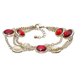 Bracelet, acrylic with gold-finished steel and "pewter" (zinc-based alloy), light red and dark red, 6-1/2 inches with 1-1/2 inch extender chain and lobster claw clasp. Sold individually.