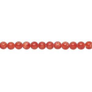 Bead, bamboo coral (dyed), red, 4.5-5mm hand-cut round, B grade, Mohs hardness 3-1/2 to 4. Sold per 15-1/2" to 16" strand.