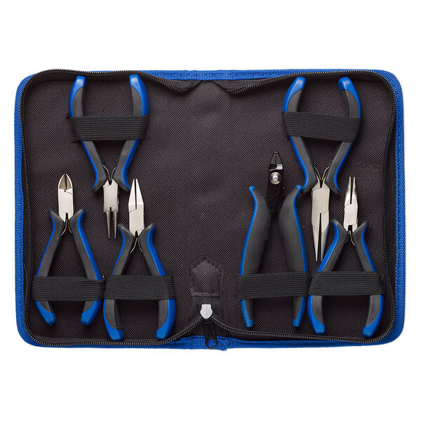 Pliers set, curved chain-nose / chain-nose / round-nose / flat-nose / side-cutter / crimp, plastic / polyester / nickel-plated steel, black and blue, 4-1/2 to 5-1/2 inches with 8-1/2 x 5-1/4 x 1-1/2 inch case. Sold per 6-piece set. image number 0