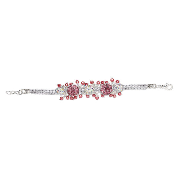 Bracelet, One of a Kind Jewelry, glass / glass rhinestone / epoxy / resin / satin, pink / white / grey, 6-1/2 inches with springring clasp. Only one available. image number 0