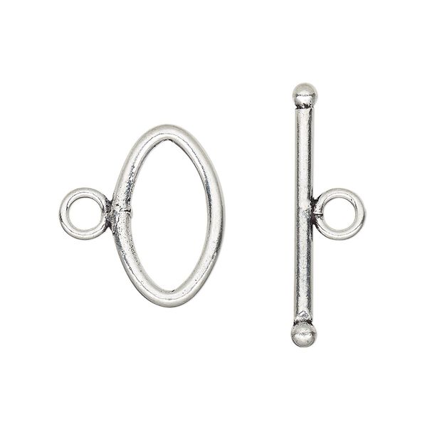 Clasp, toggle, antique silver-plated copper, 20x12mm oval. Sold per pkg of 4. image number 0