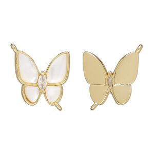 Link 1pkg1 brass / mother-of-pearl shell / glass rhinestone, 16mm butterfly, bleached gold finish / white / clear