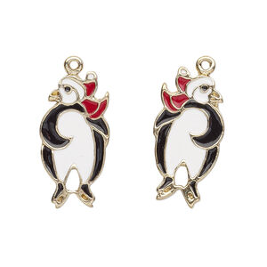 Charm, enamel and gold-finished "pewter" (zinc-based alloy), white / black / red, 23x12mm left- and right-facing single-sided skating penguin. Sold per pkg of 2.