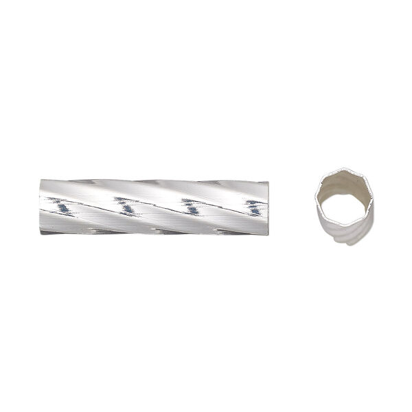 Bead, silver-finished brass, 26x6mm twisted round tube. Sold per pkg of 10. image number 0