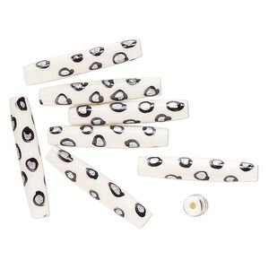 Bead, bone (dyed), white / black / silver, 36x7mm-35x6mm hand-painted tube with spotted design. Sold per pkg of 8.