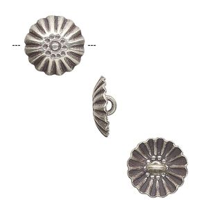Button, Hill Tribes, antiqued sterling silver, 14mm corrugated domed round. Sold per pkg of 4.