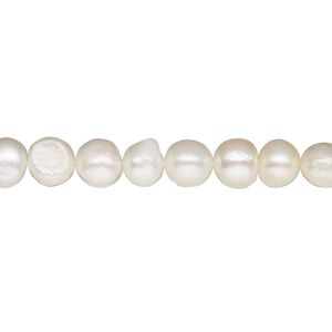 Pearl, cultured freshwater (bleached), white, 6-9mm semi-round, D grade, Mohs hardness 2-1/2 to 4. Sold per 15-1/2" to 16" strand.
